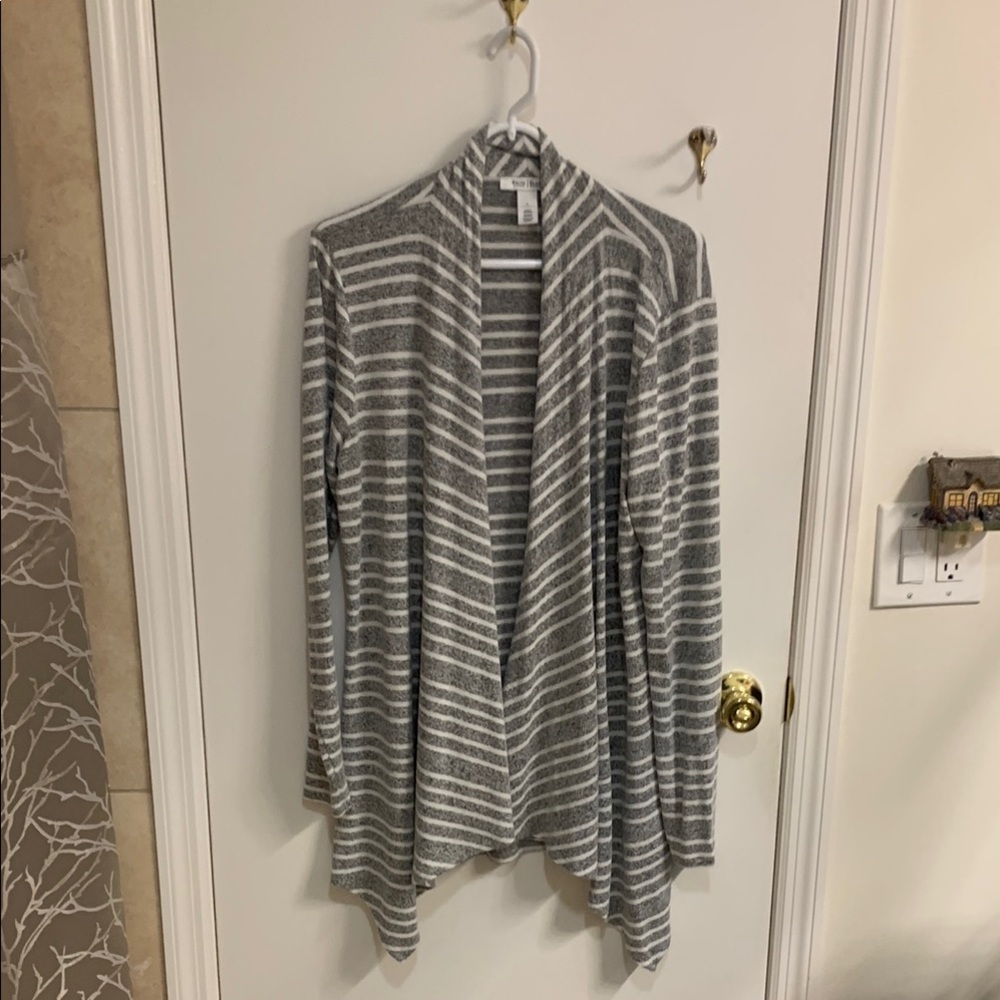 White House Black Market Gray and White Striped Cardigan in size L